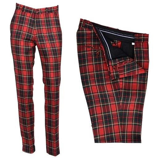 Retro Seventy2 pantaloni da golf da uomo in tartan rosso tweed check con stampa slim fit anni '60 e '70 retrò mod pantaloni, tartan rosso stewart nero, w32