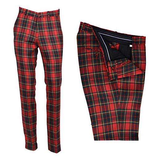 Retro Seventy2 pantaloni da golf da uomo in tartan rosso tweed check con stampa slim fit anni '60 e '70 retrò mod pantaloni, tartan rosso stewart nero, 56