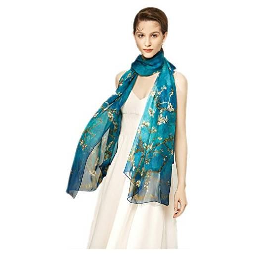 Prettystern donna xl sciarpa di pura seta stola foulard cerimonia elegante coprispalle stampa artistica chiffon blu verde van gogh - le iridi p915