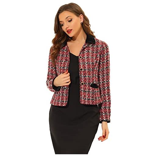 Allegra K elegante giacca da donna vintage in tweed outwear slim fit plaid blazer, rosso, 12