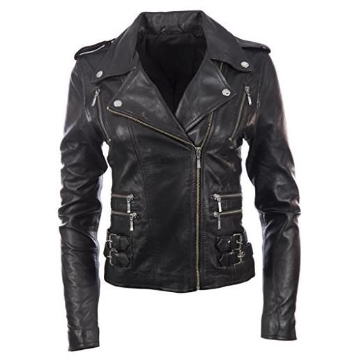 Aviatrix giacca da motociclista da donna in vera pelle con cerniera incrociata (agsm), nero , xxl