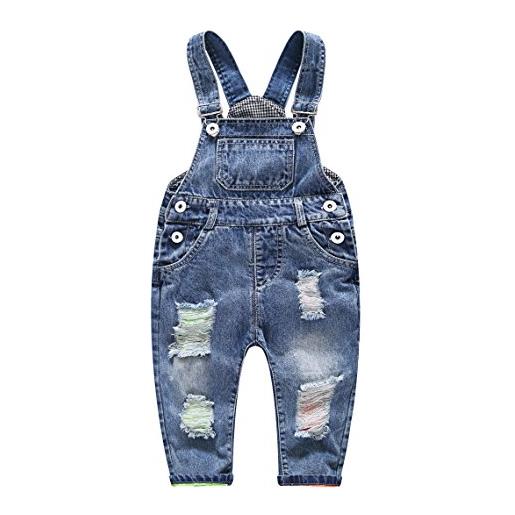 KIDSCOOL SPACE salopette jeans per neonati e bambini piccoli con fori strappati, azzurro, 12-18 mesi