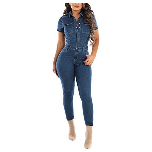 LOIJMK tuta sexy da donna, in jeans, a maniche corte, skinny, in denim elasticizzato con bottoni, alla moda, jeans a tubo, jeans, blu, m