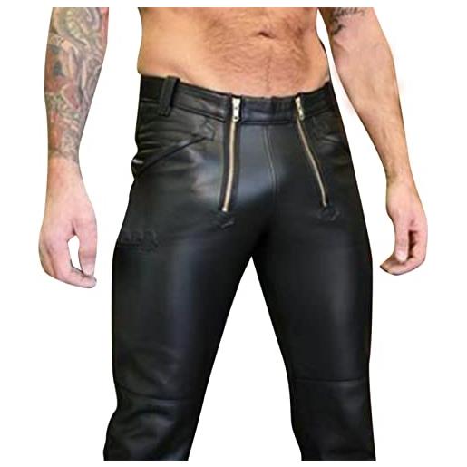 Beokeuioe pantaloni da uomo in pelle pu con chiusura lampo e pantaloni da motociclista, impermeabili, in pelle pu, effetto lucido, nero a1. , xl