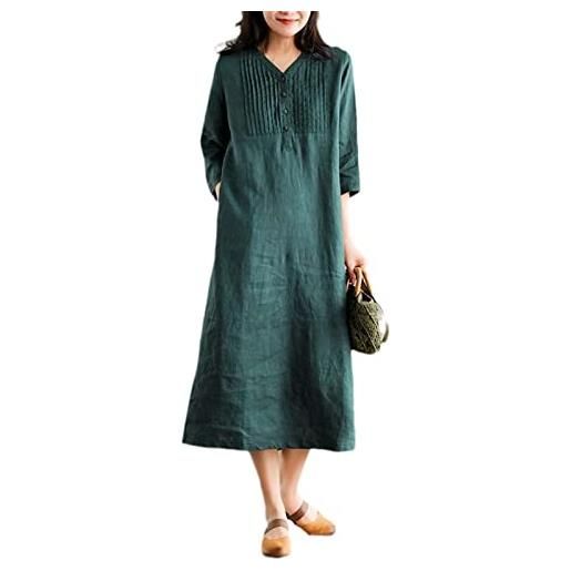 HanzhuoLG abito da donna a maniche corte in lino in cotone a v con scollo a v temperamento di strada vestito a maniche corte con pannelli verde xl