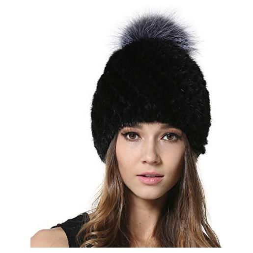 KAISHIN cappelli con pompon in pelliccia di visone a righe invernali da donna cappellini in vera pelliccia di volpe argentata (nero)