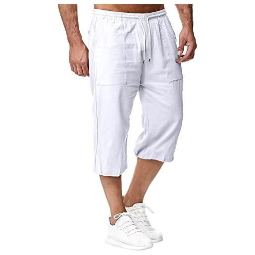 Sprifloral pantaloncini da uomo in lino 3/4 di lunghezza pantaloni estivi da spiaggia yoga pantaloni della tuta casual, cachi, s