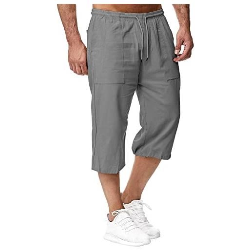 Sprifloral pantaloncini da uomo in lino, lunghezza 3/4, pantaloni estivi da spiaggia, yoga, pantaloni della tuta casual, grigio, l