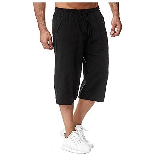 Sprifloral pantaloncini da uomo in lino a 3/4 di lunghezza pantaloni estivi da spiaggia, yoga, pantaloni casual, nero , s