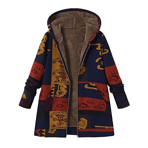 Kobilee giacca invernale lunga da donna con imbottitura calda in lana spessa, stile vintage, con cappuccio e chiusura lampo, blu, xxxl