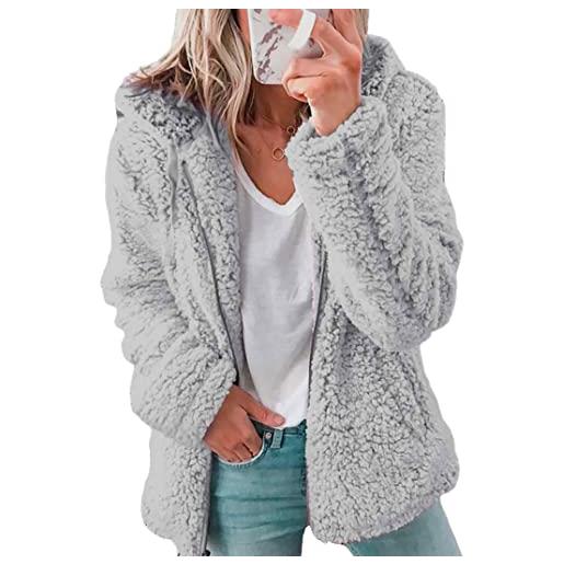 EFOFEI donna solid fluffy sherpa wool coat plain simple fleece jacket casual double fluffy hoodie light grey xxs