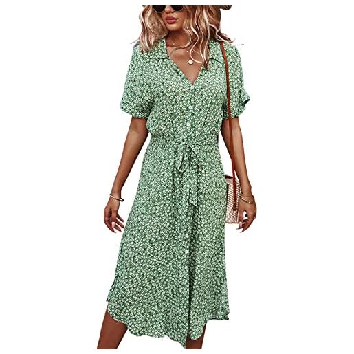 SRUQ vestito estivo donna con scollo a v manica corta abbottonato con stampa floreale abito midi per feste in spiaggia (as6, alpha, numeric_1, verde, l)