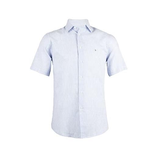 Uvaspina camicia uomo mezza manica collo italiano in misto lino rigata blu e bianca