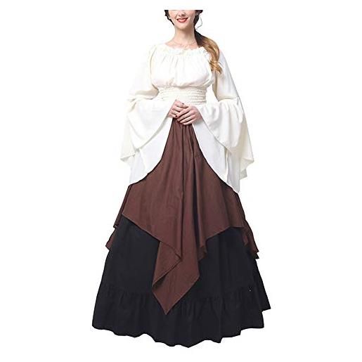 ShiFan donne medievale abiti retrò dalla spalla vestito lungo maniche lunghe camicia+gonna marrone s