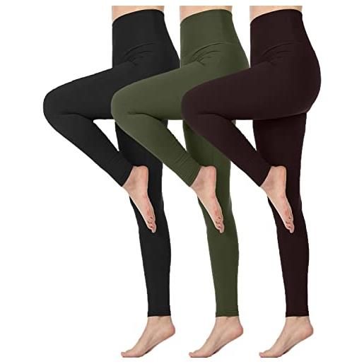 Memoryee vita alta leggins donna, fitness pantaloni yoga controllo della pancia opaco elastici taglia grossa leggings sportivi yoga/#3 pack/black/army. Green/brown/l-xl