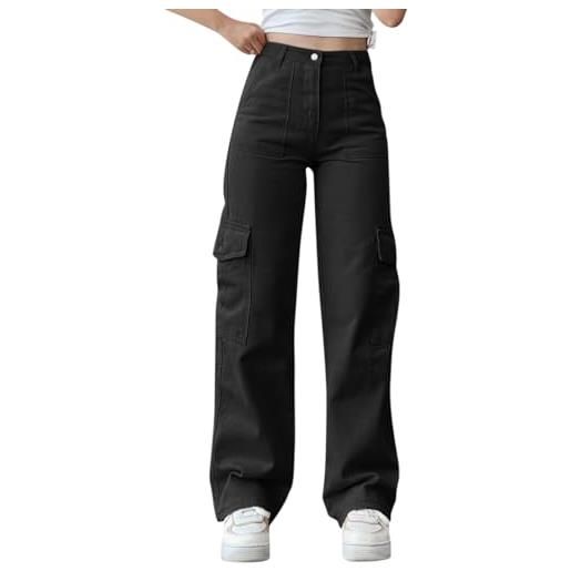 ORANDESIGNE jeans donna vita bassa gamba dritta ampio pantaloni cargo larghi casual y2k pantaloni jeans estivi boyfriend baggy denim pants streetwear hip hop vintage trousers a bianco m