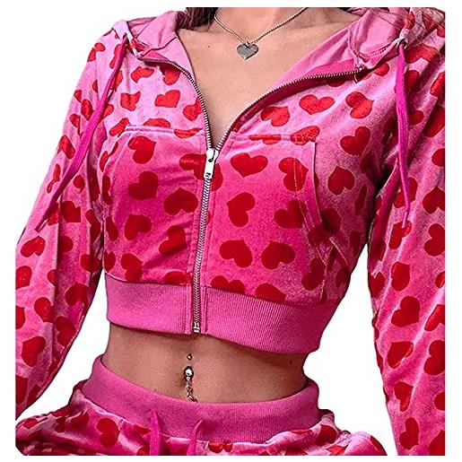 Taooolll donna pink heart print zip up y2k velvet crop felpe con cappuccio giacche a maniche lunghe felpe con cerniera kawaii abiti e-girl anni '90 streetwear