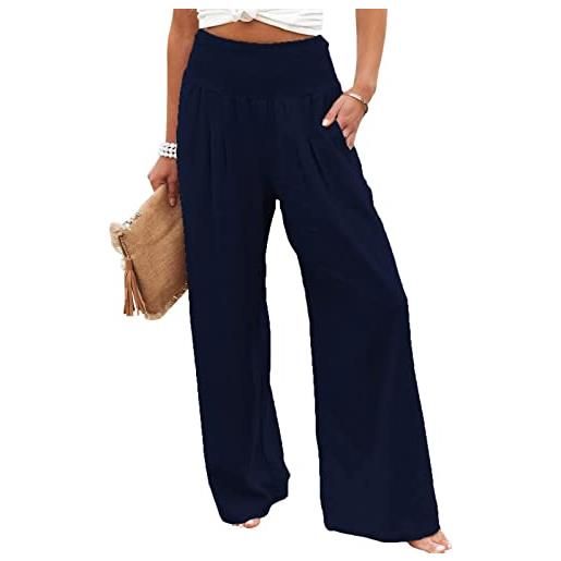 Brong pantaloni da donna in lino elasticizzati a vita alta comodi pantaloni da spiaggia con tasche, nero , xxxl