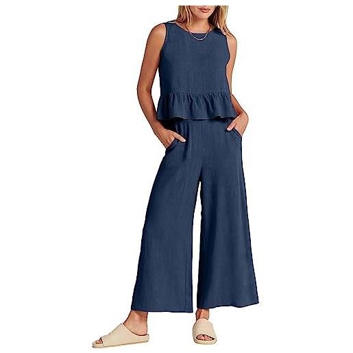 SHAIRMB lino da donna casual set da 2 pezzi, tuta da jogging tailleur pantalone da donna, camicia e pantaloni di lino, ampio vestito chic a vita alta, tailleur pantalone, navy blue, 3xl
