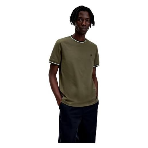 Fred Perry t-shirt uomo m1588 verde militare doppia riga girocollo cotone regular fit pe23 l