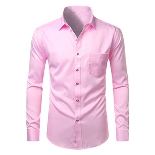 GTSFTJ camicia da uomo con bottoni, casual, aderente, elastica, per ufficio, matrimonio, lavoro, senza pieghe, , rosa, 4xl