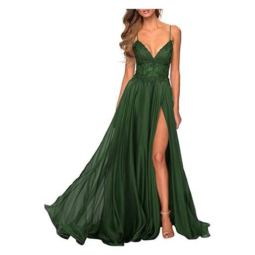 WSEYU abiti da damigella d'onore lunghi in chiffon abito da sera formale con applique in pizzo con fessura per le donne, verde smeraldo, 52