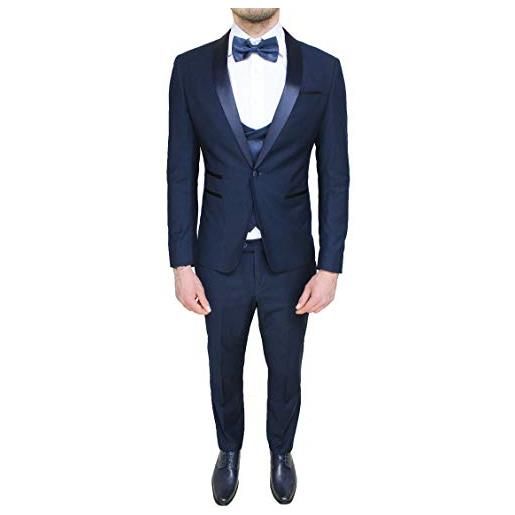 Evoga abito uomo sartoriale blu scuro set completo coordinato con gilet elegante cerimonia (48, blu)