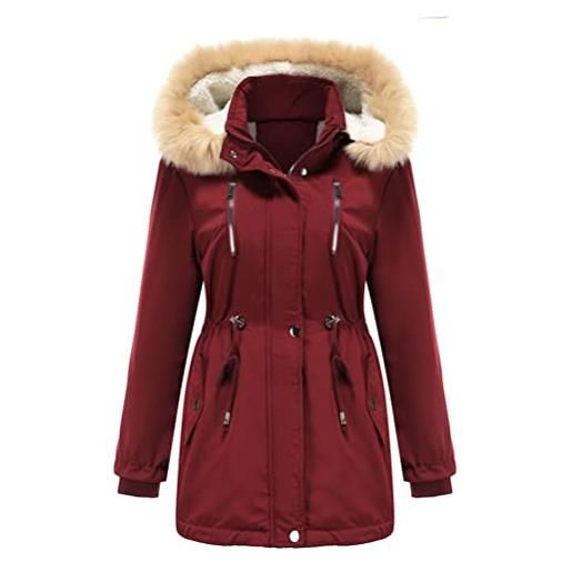 Onsoyours cappotto donna piumino in pelliccia giacca invernale lunghi cappotti con cappuccio giubbino lungo eleganti antivento parka caldo trench giubbotto caldo trapuntata outdoor a vino rosso l
