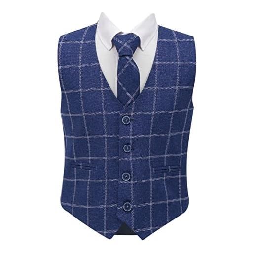 SIRRI gilet in cotone monopetto per ragazzi in tweed con quadretti, vestibilità aderente, 3 pezzi, con cravatta retrò, blu navy, 15 anni