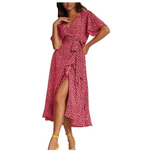 JINBS abiti da lavoro estivi per le donne estate delle donne bohemian floral printed wrap scollo a v manica corta split party irregolare dress, rosso, xl