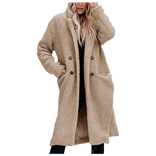 ORANDESIGNE teddy cappotto lungo donna giacca lunga invernale cappotti peloso pelliccia elegante trench con risvolto doppiopetto peluche cappotto orsacchiotto cardigan lungo a cachi s