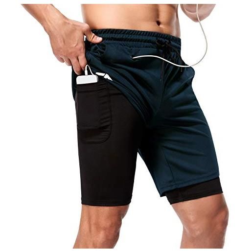 Cabeen 2 in 1 pantaloncini sportivi da uomo, running palestra shorts, asciugatura rapida, 2 tasche laterali + 1 tasca con zip +1 dietro anello asciugamano, per corsa jogging basket tennis