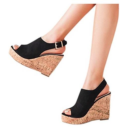 Fulidngzg sandali da donna in pelle nera cozy, sandali boho con zeppa alta, eleganti sandali estivi con plateau, nero , 39 eu