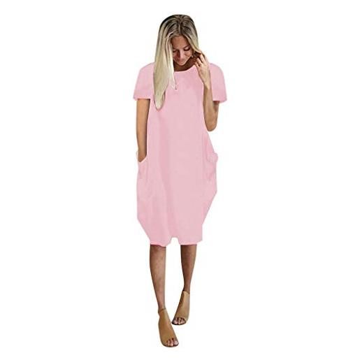 DAIFINEY abito da donna per il tempo libero, con tasca, lunghezza al ginocchio, abito lungo, scollo rotondo, casual, abbigliamento quotidiano, abito semplice da vacanza, abito basic, 1-rosa/rosa. , 48