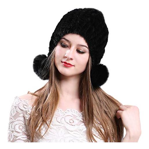 KAISHIN cappelli bomber in vera pelliccia invernale cappelli in pelliccia di visone lavorati a maglia cappellini con paraorecchie in pelliccia di volpe (nero)