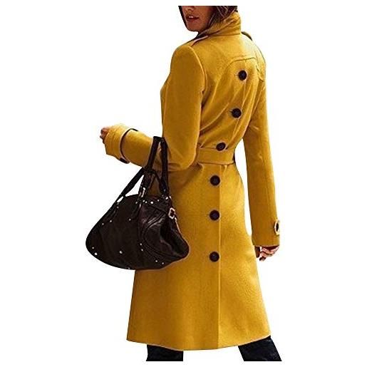 ZhuiKunA donna lungo cappotto di lana soprabito eleganti giacca giubbotto trench con cintura indietro slits giallo m