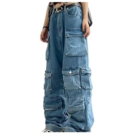 Generic jeans cargo da donna boyfriend jeans cargo pants y2k casual retrò multitasche coppie pantaloni larghi casual larghi (color: blu, size: m)