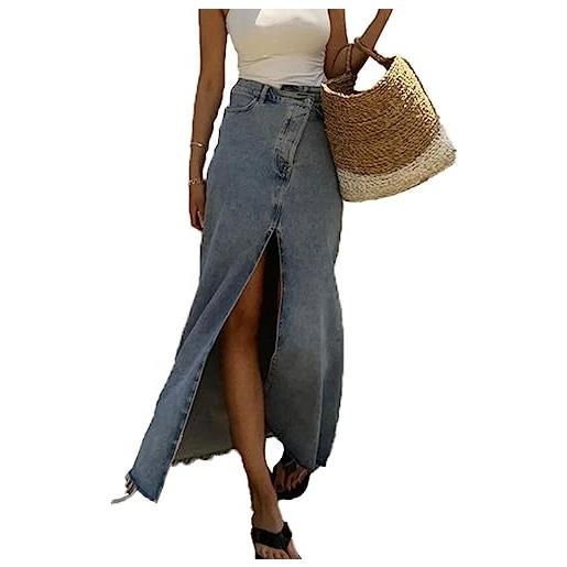 ticticlily gonna di jeans lunga donna y2k vintage retro sexy chic elegante gonne denim lavato slit skirt estive a3 blu s