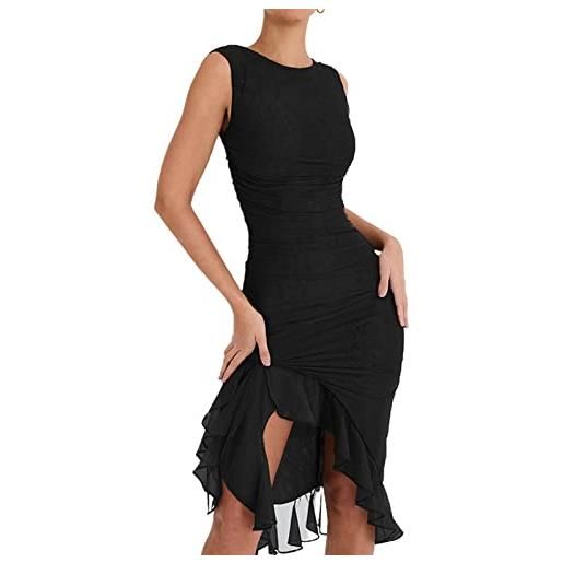 Oniissy abito da cocktail da donna, elegante, senza maniche, aderente, a sirena, con volant, cocktail, matrimonio, ospite, formale, abito midi - nero ||l