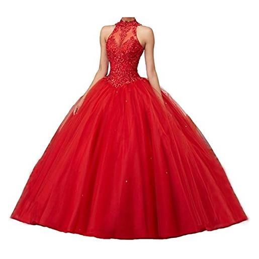 XUYUDITA donne aperto indietro ball gown pizzo perline prom abiti da sera quinceanera vestiti rosso-46 plus