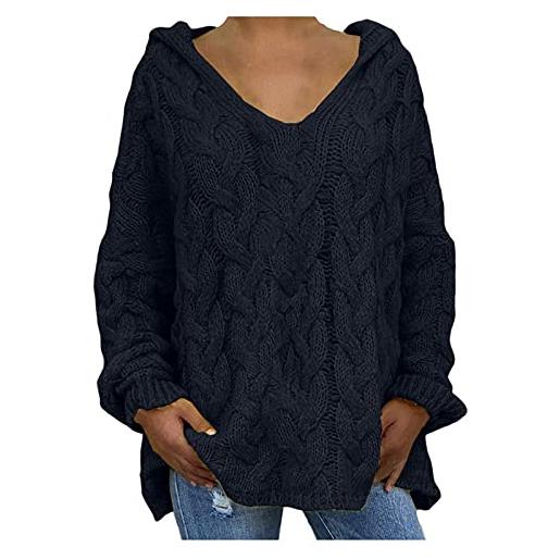 IQYU maglione da donna, oversize, a maglia grossa, a treccia, maglione da donna, a maniche lunghe, elegante, a maglia grossa, con scollo a v, vintage, maglione invernale, nero , xl
