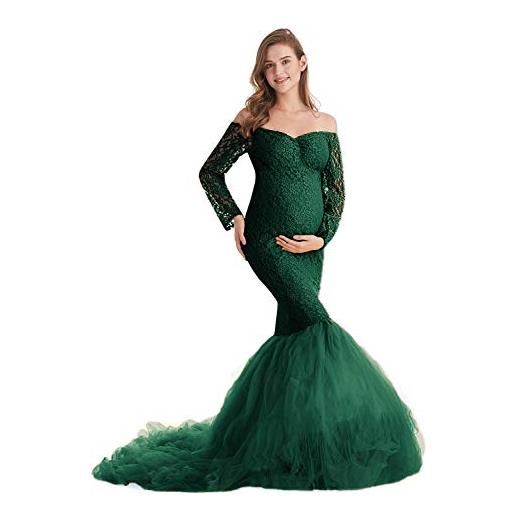 AYMENII abito premaman mermaid tulle off-spalla sweetheart manica lunga pizzo baby shower photo shoot maxi abito w/treno verde scuro. M