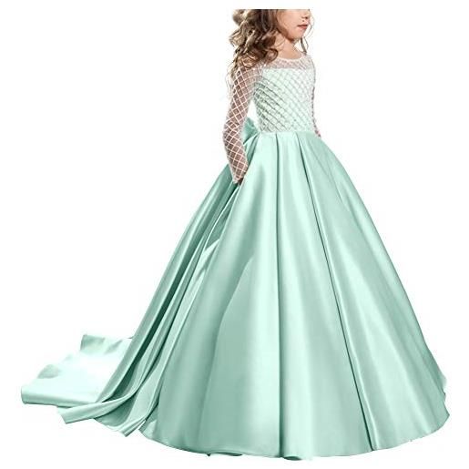 FYMNSI ragazza abito lungo da sera damigella d'onore da sposa manica lunga bambini prima comunione festa di compleanno cerimonia eleganti principessa partito maxi vestito formale verde 6-7 anni