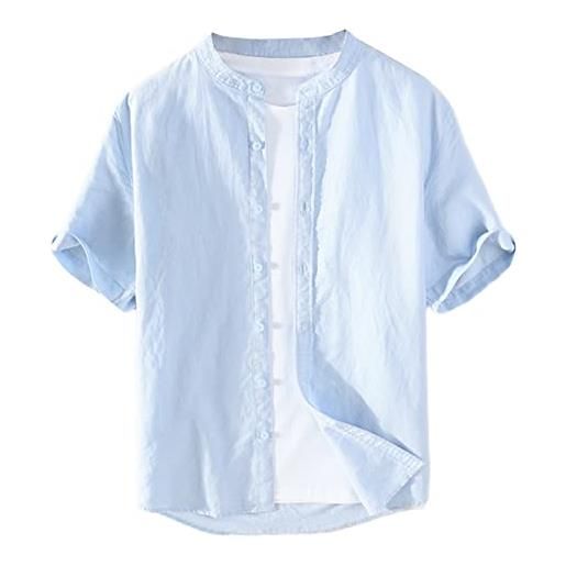 GIBZ camicia da uomo in lino casual pianura camicie estive manica corta tendenza per lavoro spiaggia, azzurro, xl