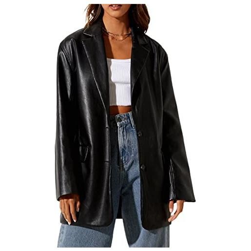 wdehow donne casual faux leather blazer manica lunga button down y2k pu leather oversized jacket shacket spring fall lapel office cardigan with pocket (black, medium)