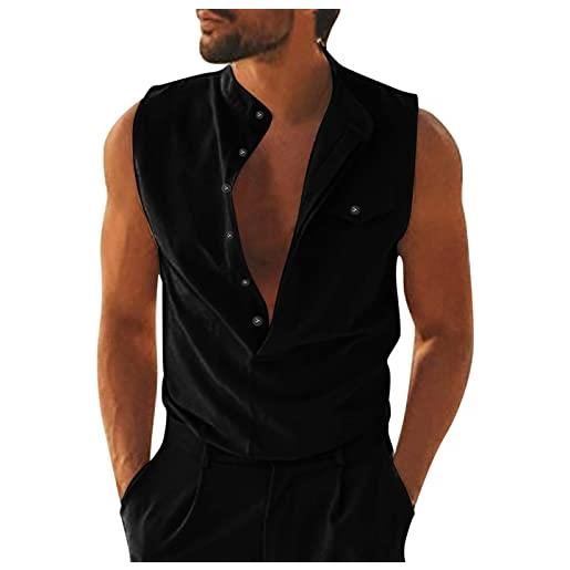 Generic camicia da uomo casual con scollo tondo e scollo tondo con taschino giacca bambina mezza stagione (black #0, m)