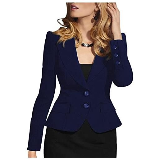 YMING donna blazer manica lunga casual cardigan monopetto giacca lavoro ufficio blazer con tasche due bottoni blu navy xl