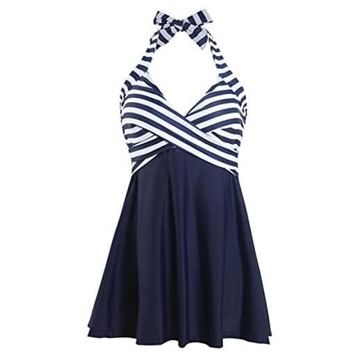 Ocean Plus costume da bagno da donna retrò conservatore bicolore senza schiena scoperta con spalline allacciatura al collo a righe a vita alta gonna con lacci (3xl (eu 42-44), strisce blu)