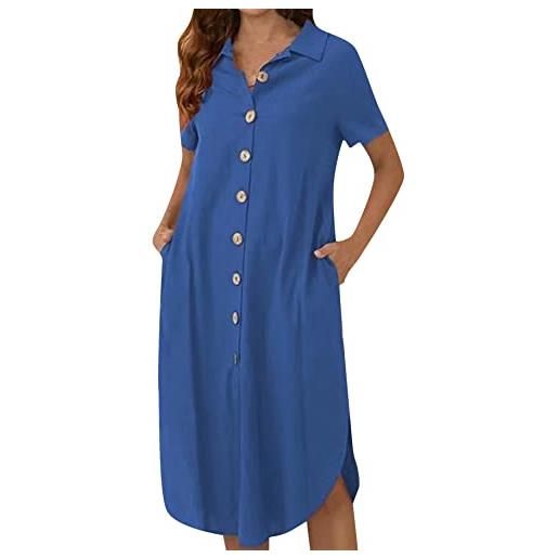 YMING donna button down abito con tasche abito camicia manica corta cotone lino risvolto abito blu m