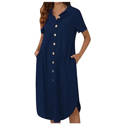 YMING donna button down abito con tasche abito camicia manica corta cotone lino risvolto abito blu m